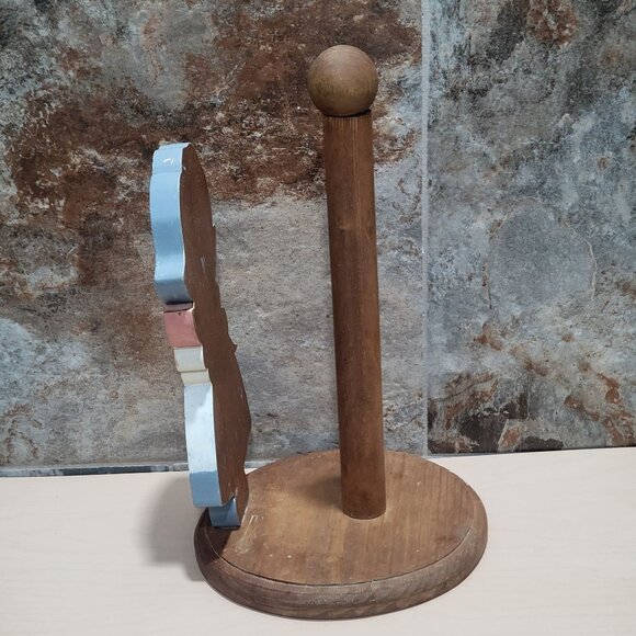 Vintage Wooden Paper Towel Holder Girl Holding Flower Blue Bonnet Dress - Picture 5 of 10